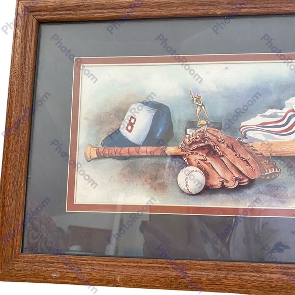 Vintage Baseball Bat Mitt Print Oak Framed Matt Glass 11 x 20 Preowned Wall Art - Picture 2 of 4
